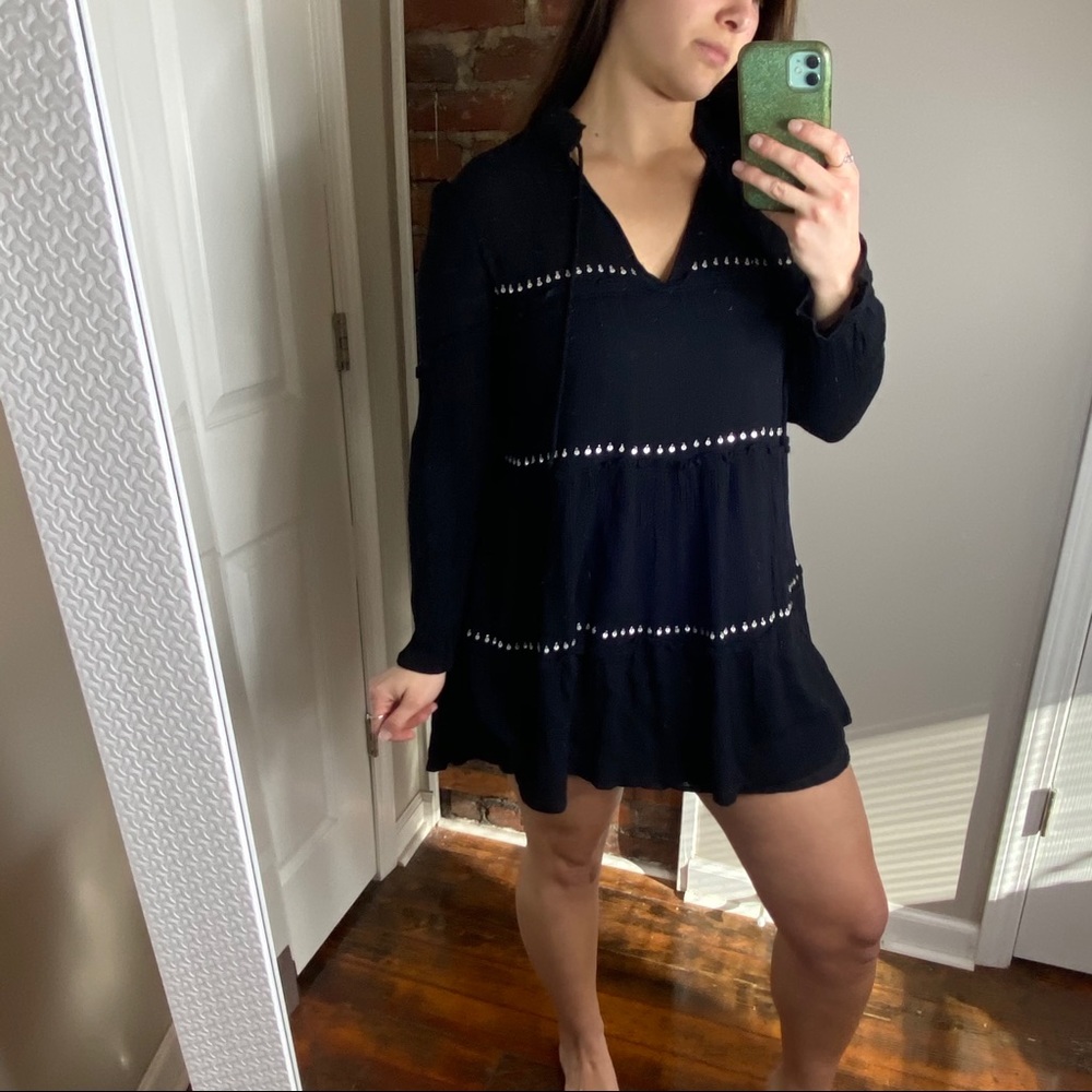 Lulu’s Make Some Waves Black Tiered Long Sleeve Boho Swing Dress Size Small - Picture 6 of 16